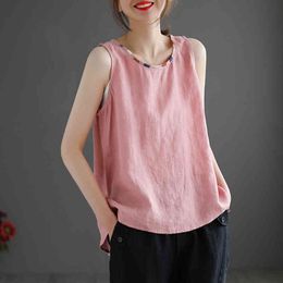 Johnature Women Cotton Linen Summer Tank Summer O-Neck Sleeveless 6 Colour Korean Style Female Clothing Loose Tank Top 210521