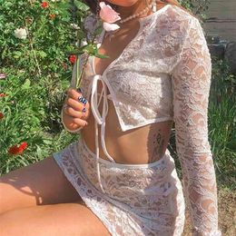 Sexy Lace Floral Lady Matching Sets Long Sleeve Up Cardigan Crop Top + Mini Bandage Skirt Mesh See-through Suits 210517