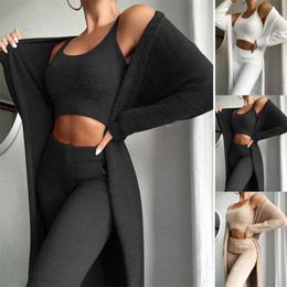 Women Teddy Plush Lounge Wear Set Solid Color Leisure Suit Fashion Tracksuits Fleece Cardigan 211211