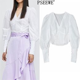 Spring Women Blouse White Crop Top Fashion Button Puff Long Sleeve Chic Woman Streetwear Ladies Tops 210519