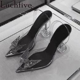 Sandals Butterfly Crystal Clear Women Sexy Pointy Toe Ladies Shoes Cup High Heels Slingbacks Rhinestones Woman