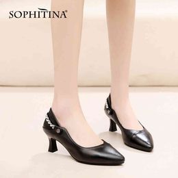 SOPHITINA Pumps Woman Office Lady Genuine Leather Shallow Pointed Toe Crystal Chain Decoraton High Thin Heel Shoes PO1009 210513