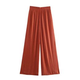 TRAF Women 2021 Fashion Solid Color Pleats Wide Leg Pants Elastic Waist Side Pockets Casual Summer Long Trousers Streetwear Q0801