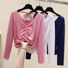 WWENN Spring Hollow Out Shirring Tshirt Long Sleeve T-shirt Women White Blue Pink Tee Shirt Femme Clothing Korean Tops 210507