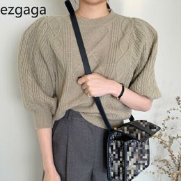 Ezgaga Argyle Vintage Twist Sweater Women Korean Chic Autumn O-Neck Solid Loose Three Quarter Lantern Sleeve Knitwear Elegant 210430