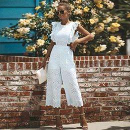 Sleeveless Ruffle Whie Lace Jumpsuits Overalls High Waist Wide Leg Embriodery Summer Casual Playsuits One Piece 210415