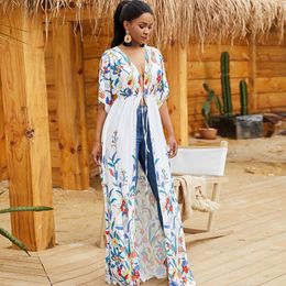 Cotton Long Beach Dress saida de Praia Cover up Kaftan Sarong Vestido Swim wear Ropa Playa Tunic #Q851 210420