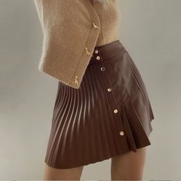 Solid Pu Leather Skirt High Waist Buttons Elegant Mini Pleated Skirt Asymmetrical Fashion Faldas Cortas Women Autumn 210415