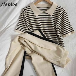Neploe Loose Causal Knit 2 Pcs Women Set Turn Down Collar Striped Short Sleeve Sweater + High Waist Hip Straight Pants Suit 210423