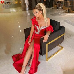 2022 Sexy Red Mermaid Satin Prom Dresses Slit Side Formal Party Gowns Charming Famale Off The Shoulder Long Evening dresses WJY591