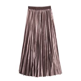 Black Brown Silver Green Elastic Waist Midi Velvet Skirt Pleated Ruched Solid Winter Autumn Casual S0194 210514