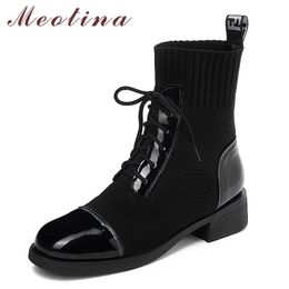 Short Boots Women Shoes Lace Up Mid Heel Ankle Round Toe Chunky Heels Female Autumn Winter Black Size 34-44 210517