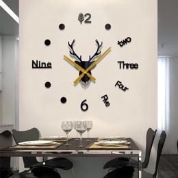 3D Deer Head DIY Wall Clock Personality Creative Sitting Room Silence Clocks Acrylic Adornment Modern Contracted Home Decor
