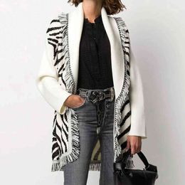 Jastie Winter Gorgeous Zebra Embroidered Cardigan Shawl Lapel Long Sleeve Sweater Knitted Cashmere Wool Outerwear Jacket 210419