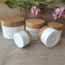 100pcs Refillable White PP Plastic Cosmetics Bottle Jar With Bamboo Lid Cream Lotion Cosmetic Container Big Bottles 250ggoods