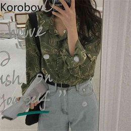 Korobov Turn Down Collar Long Sleeve Single Breast Blouse Korean Ins Print Holiday Blusas Ol Loose Pullover Shirt Spring 2a919 210430