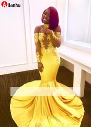 NEW! Newest Sexy Yellow Black Girls Mermaid Prom Dresses Lace Long Sleeves Backless Satin Floor Length Formal Party Wear Evening Gowns Custom