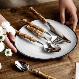 Dinnerware Set 5/20pcs Bamboo Handle Cutlery Set 18/10 Stainless Steel Knife Fork Spoon Tableware Cutleries Sets Drop 211112