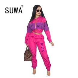 Womens Tracksuit Set Pink Fall Winter Clothes Long Sleeve Jacket Top + Joggers Leggings Trousers Two Piece Outfits 210525