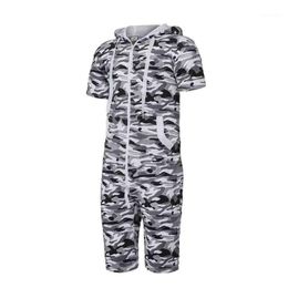 men camouflage pants clothing UK - Men's Pants Men Camouflage Print Zipper Romper Playsuits Short Sleeve Hooded Fit Slim Jumpsuit Male Casual Overalls Clothing