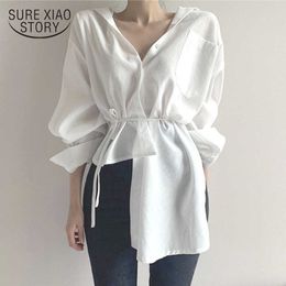 Spring Long Sleeve Casual White Blouse V-neck Cardigan Button Up Shirt Irregular Korean Style White Tops for Women 11677 210527