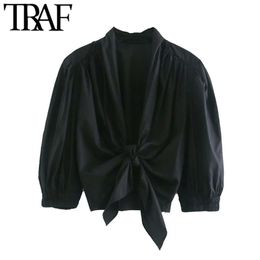 TRAF Women Fashion With Elastic Trim Ruffled Cropped Blouses Vintage Puff Sleeve Bow Tied Female Shirts Blusa Chic Tops 210401