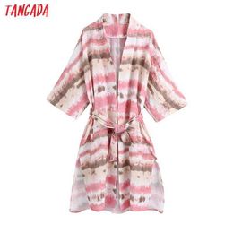 Tangada Women Fashion Tie-Dye Loose Long Kimono Shirt with Slash Three Quarter Sleeve Side Slit Female Shirts Chic Top BE84 210609