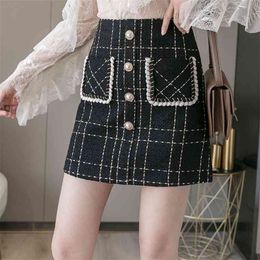 Fashion skirts womens autumn plaid small fragrance style A-line high waist tweed skirt 210520
