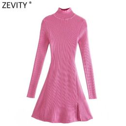 Zevity Women High Street Turtleneck Collar Front Split Design Knitting Slim Dress Female Chic Long Sleeve Party Vestidos DS8277 210603