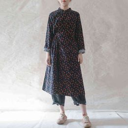 Johnature Women Corduroy Vintage Long Sleeve Dresses Print Floral Stand Belt Robes Spring Original High Quality Dress 210521