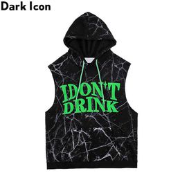Tie Dyeing Printed Men's T-shirt with Hoodie Sleeveless Terry Material Hip Hop Tshirts Black White 210603