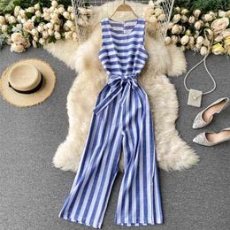 Ins Fashion Clothes Women Sexy Retro Stripe Simple Slim Long Jumpsuit Wide Leg Sleeveless Overalls P797 210527