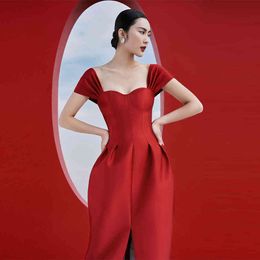 Summer Fashion Red Club Midi Dress For Women Sexy Short Sleeve Elegant Celebrity Evening Runway Party Lady 210423