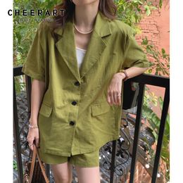 Women's Tracksuits Avocado Green Two Piece Blazer And Shorts Set Vacation Casual Outfits For Women Korean Fashion Summer Clothing 2