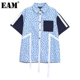 [EAM] Women Big Size Dots Pockets Ribbon Blue Blouse Lapel Short Sleeve Loose Shirt Fashion Summer 1DD7604 21512