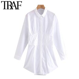 TRAF Women Chic Fashion Pleated White Mini Shirt Dress Vintage Long Sleeve Button-up Female Dresses Vestidos Mujer 210415