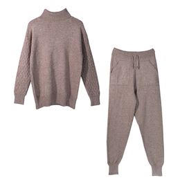 2 Pieces Set Women Knitted Tracksuit Turtleneck Sweater + Carrot Jogging Pants Pullover CHIC Outwear 210507