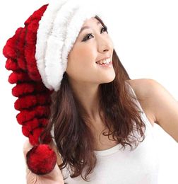 MWfur Christmas Gift Novelty Fun Santa Hat Winter Warm Pompom Rex Rabbit Fur Christams Hat for Women