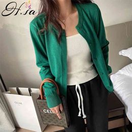 Autumn Green Cropped Cardigans Loose Ladies Knitted Sweaters Long Sleeve Buttons V neck Solid Female Cardigan 210430