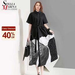 Korean Style Woman Summer Black Printed Long Shirt Dress Sash Plus Size Ladies Casual Vintage Dress Robe Femme 5128 210721