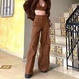 Brown Applique Y2k Baggy Mom Jeans Women New Aesthetic Vintage Straight Denim Wide Leg Pants Low Waist Trousers Streetwear 210415