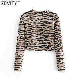 ZEVITY Euro Women High Street Tiger Striped Print Short Knitting Blouse Femme Chic Basic O Neck Shirt Slim Blusas Tops LS9057 210603