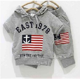 Grey Sailor Flag Boys Sport Suit Kids Hooded Sweatshirts Pants Children Clothes Sets summer baby boys clothing 210413