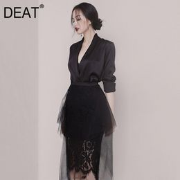 Spring And Autumn V-neck Collar Long Sleeve Lace Patchwork Mesh Temperament Suit Black Dress For Women GX1074 210421