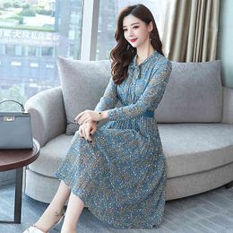 Vintage Chiffon Floral Midi Plus Size Women Elegant Long Sleeve Bow Neck Pleated Dress Casual Belt Boho Dresses Vestidos 210416