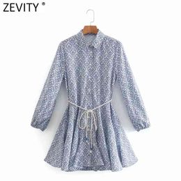 Women Vintage Totem Floral Print Big Swing Ruffles Mini Shirt Dress Female Chic Breasted Lace Up Sashes Vestidos DS8133 210420