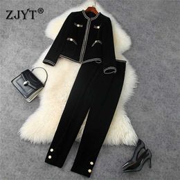 Runway Fashion Fall Winter Trousers Set Women Elegant Full Sleeve Vintage Velour Jacket and Pants Suit Office Outfits 211126