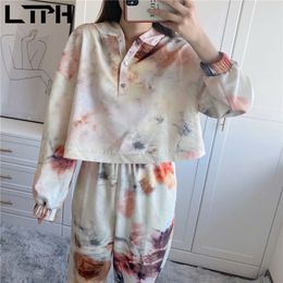 ins Tie-Dye Outfits Short Loose Hooded Sweatshirt High Waist Casual Jogging Pants Sets two piece set women Spring 210427