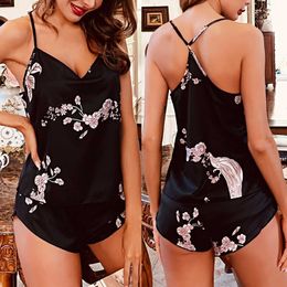 Satin Silk Pajamas Women Nightwear Lingerie Underwear Floral Print Sleepwear Shorts Tank Tops Pajamas Nighty Sleepwear Menina Q0706