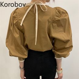 Korobov Korean Chic Hit Colour O Neck Lacing Bow Elegant Blouses Vintage Puff Sleeve Sweet Office Lady Female Shirts Blusas Mujer 210430